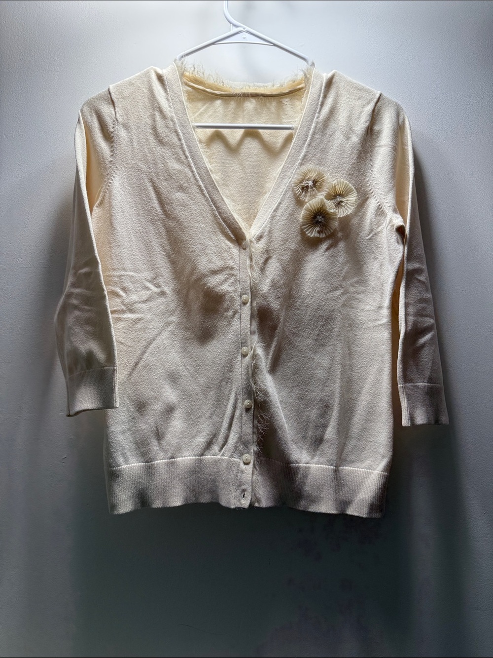 LOFT Cream Floral Applique V-Neck Cardigan